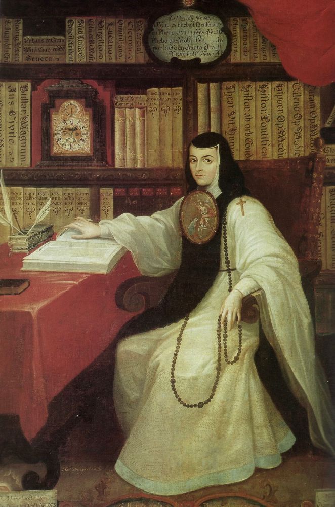 Mexican artist Miguel Cabrera (Miguel Mateo Maldonado y Cabrera) painted this famous depiction of esteemed Mexican nun, poet, writer, philosopher, musician, and composer Juana Inés de Asbaje y Ramírez de Santillana (better known as Sor Juana Inés de la Cruz) about 55 years after she passed away at just 43 in 1695 in Mexico City, New Spain. Considered the first feminist of the Americas, sor Juana (Sister Juana) lived as a nun of the Jeronymite order in 17th-century Mexico. Rather than marry, she chose to become a nun so she could pursue her intellectual interests. She corresponded with scientists, theologians, and other literary intellectuals in Mexico and abroad. She wrote poetry and plays that became internationally famous, and also engaged in theological debates.

Cabrera positions sor Juana to emphasize her status as an intellectual. He never actually met her, so he mimics earlier portraits, possibly even some self-portraits, as well employing common imagery for St. Jerome or male scholars seated at a desk within a study, surrounded by books and instruments of learning.

Sor Juana wears the habit of her religious order, the Jeronymites. She also wears an escudo de monja, or nun’s badge, on her chest, which shows the Annunciation, the moment in which the archangel Gabriel informs Mary that she will bear the son of God. Her left hand holds a rosary, while she turns a page of an open book with her right hand. The book is a text by St. Jerome, the saint after whom her religious order was named.

She looks towards us, her gaze direct and assertive, as she sits at a desk, surrounded by her library and instruments of learning including books on philosophy, natural science, theology, mythology, and history. Writing implements rest on the table, a clear allusion to sor Juana’s written works and intellectual pursuits. The rosary, a sign of her religious life, is juxtaposed with items signifying her intellectual status while a red curtain confers upon her a high status.