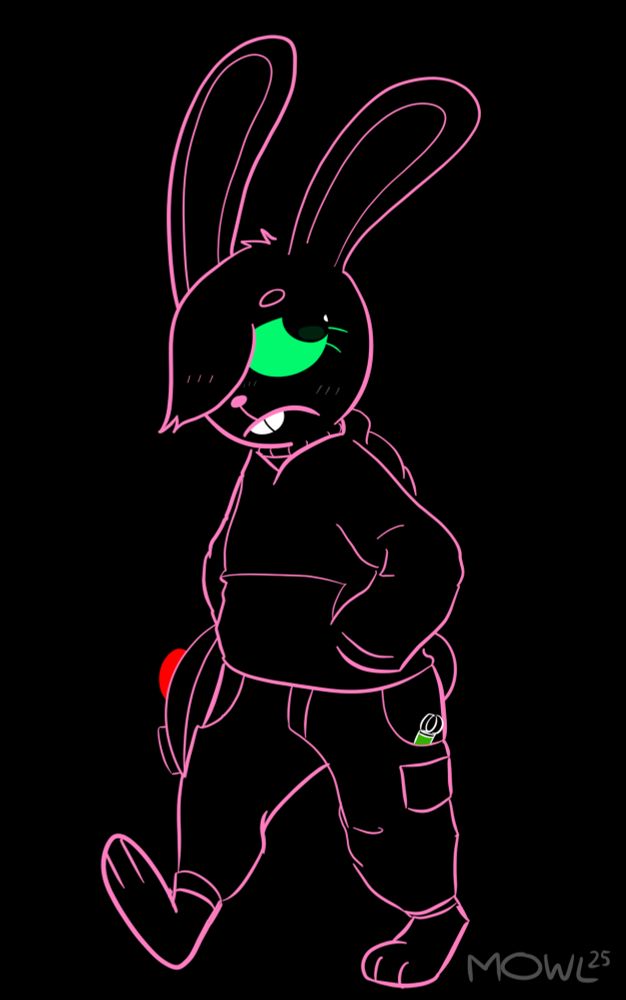 A drawing of a walking black-furred rabbit on a black background. The majority of her is outlined in light-pink.

Her long ears rise from her head. Her headfur is parted to one side and is long enough that it covers her right eye, leaving only one green eye visible. The one thick eyebrow visible forms part of the annoyed expression on her face, which is completed with a short snout and very large incisors.

She is wearing a baggy hoodie with a large bottom pocket, of which both her hands are tucked into. The top of a woolly turtle-neck sweater is visible underneath the hoodie. 

She is also wearing a pair of long pants with an array of pockets. There is a syringe of green fluid poking out of the left pocket. Attached to the right side of her pants is the side of a large mask that somewhat resembles a gas mask with piercing red eyes. A small round tail pokes out from behind her. She is walking on long, bare paws.