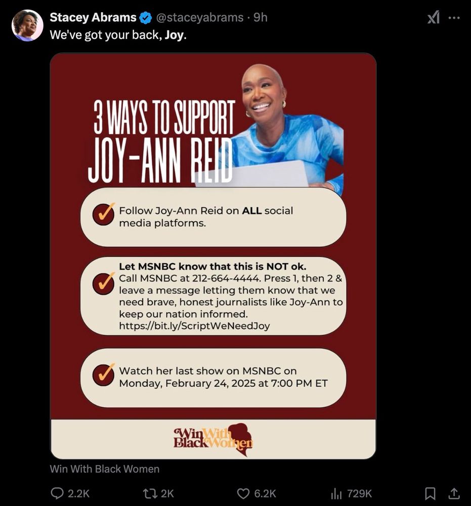 Tweet from Stacey Abrams with 3 calls to action to support Joy Reid (linked here: https://x.com/staceyabrams/status/1894106305981280494)
