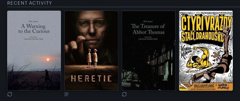 A screenshot from letterboxd.com containing the posters for: "A Warning to the Curious, 1972" "Heretic, 2024 (contains spoilers)" "The Treasure of Abbot Thomas, 1974" and "Four Murders Are Enough, Darling, 1971"