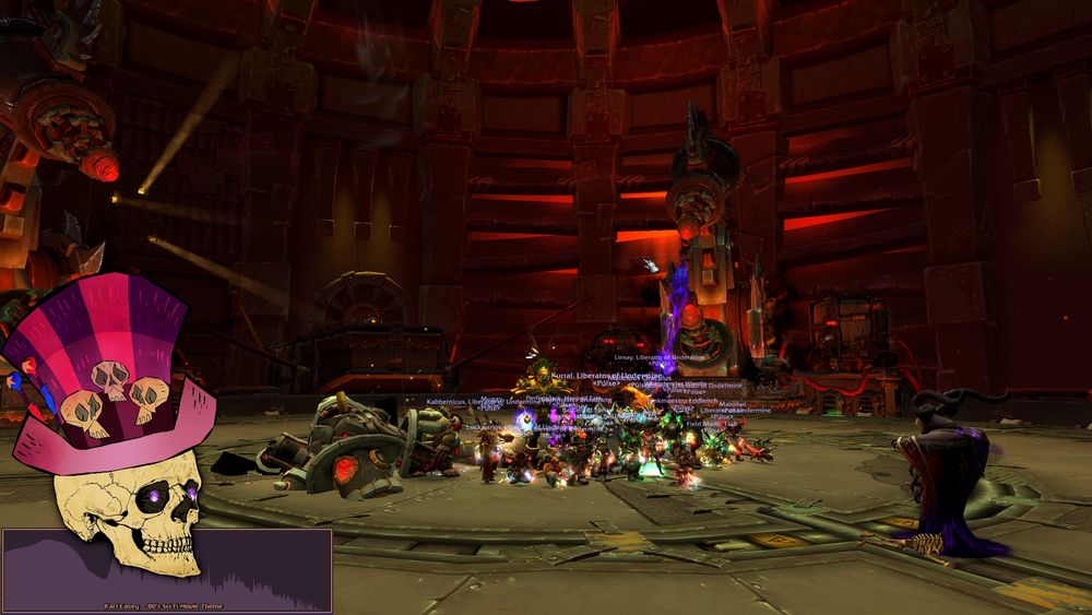 A group picture of the guild Púlse from the Deathwing-US server of World of Warcraft.  Picture was taken after killing the last boss of the Liberation of Undermine raid, Chrome King Gallywix, on Mythic difficulty.