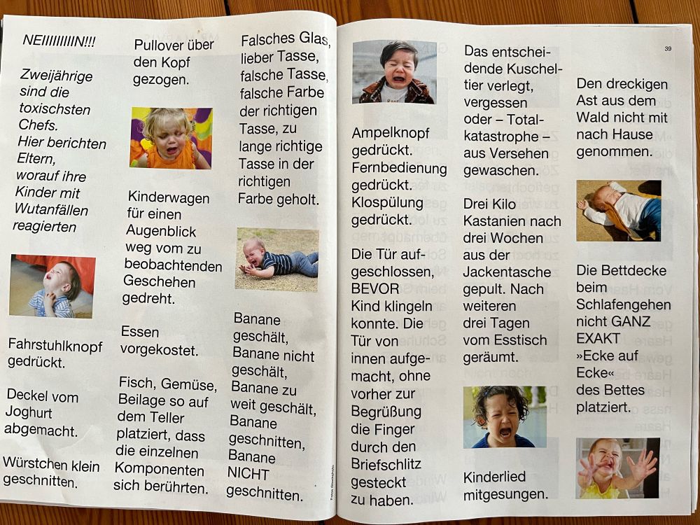 2 Seiten aus dem ZEIT-Magazin, auf denen Eltern berichten, worauf ihre Kinder mit Wutanfällen reagierten.