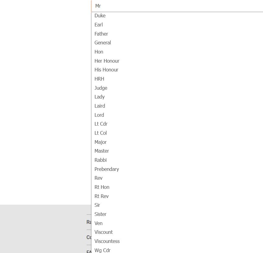 a list of titles available for a rail card in the UK. It's a very long list and has things like HRH or Prebendary or Wg Cdr