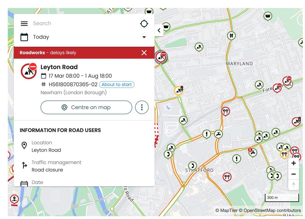 Map of the Leyton Road area with a pin at the junction of Leyton Road/Chobham Road/Liberty Bridge Road highlighted; "Roadworks - delays likely. Leyton Road. 17 Mar 8:00-1 Aug 18:00. Permit number #HS61800870365-02. About to start. Traffic management - road closure."