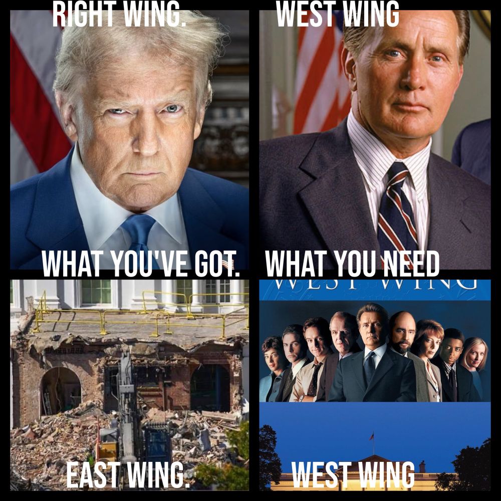 Graphic has four images featuring Trump and the demolition of the White House East Wing, fictional president Josiah Bartlett from The West Wing. It says What you’ve got (Trump - right wing -and East Wing) and What you’ve need (Bartlett and The West Wing).