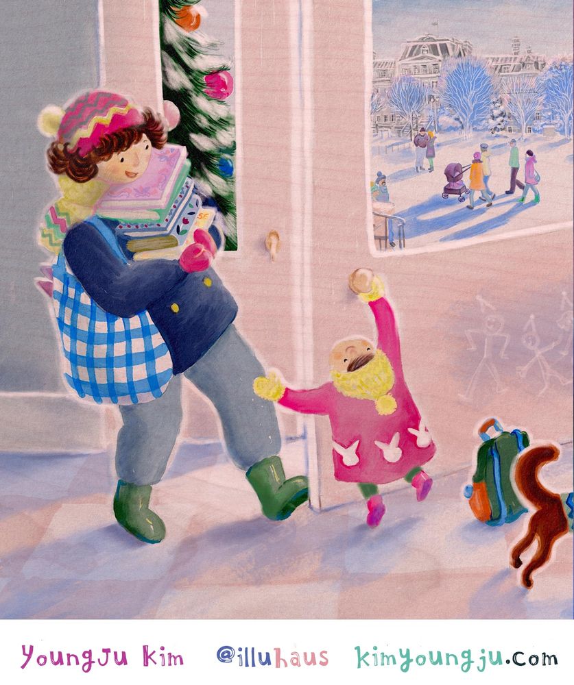 A little girl opens a library door for her mom carrying many books in a winter day. The winter light shown through the door window and you can see the joyful winter street scene. 