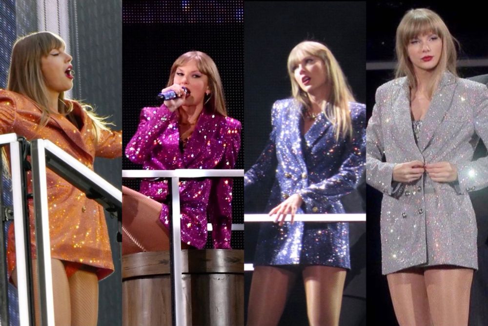 Taylor swift in her orange, pink, blue/purple, and silver The Man jackets from the eras tour