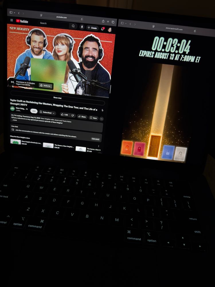 Picture of a laptop with split screen of the new heights YouTube page and taylor swifts store countdown 