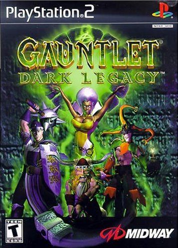 The box cover for the game Gauntlet: Dark Legacy which I thought was bad. At the top is the PlayStation 2 and PS logo in a black bar. Just below that is the title of the game in a fantasy serif font in green with a gold border. The bottom has the Teen rating logo and the midway logo. The center image is one of a sorceress, knight, dwarf, and... jester? The sorceress appears to be a Black woman with a large white afro wearing a pretty ridiculous small dress that barely contains her ample bosom. She is holding her arms aloft and a giant green ball of light provides most of the color for the image. The knight is on the left, dressed in purple cloth with a white cross on it, holding up a spiked mace that is too large and wielding a shield. In the center is the dwarven character, half the height of the knight, swinging a large hammer and wearing a sort-of viking helmet but it has Texas Longhorn horns on it. He's making a "rawr" face behind all the facial hair. The jester is on the right and you can barely see what is happening over there as they blend in to the green light. They have a jester's outfit on but maybe aren't wearing a shirt? This game sucks.