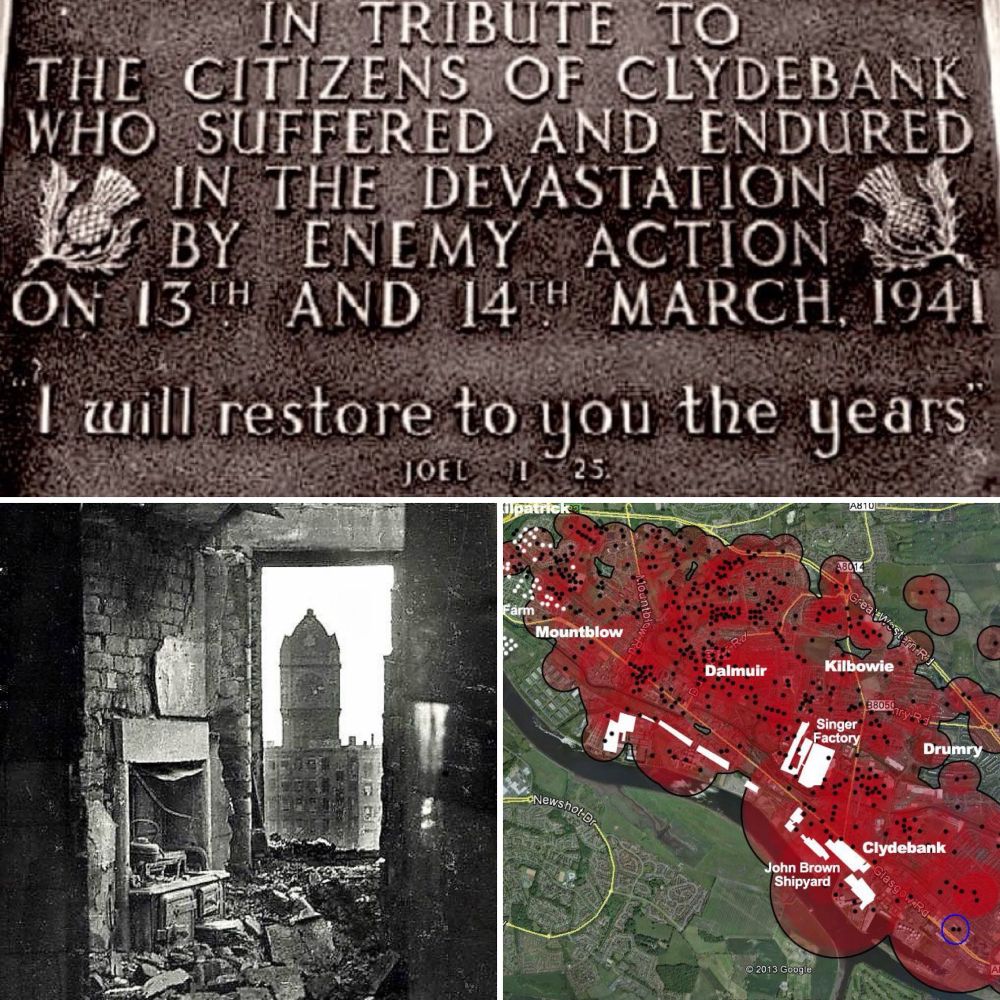 Collection of images, one picture showing the devastation of the Clydebank Blitz on homes and industry and another highlighting the specific locations hit by bombs. The other is a quote from the Bible, “I will restore to you the years” Joel 1:25