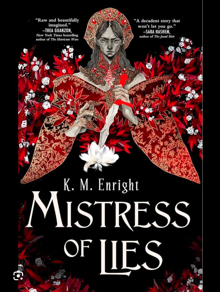 Black and red illustrated book of a woman with a knife and headress. Title: Mistress of Lies by K.M. Enright. 