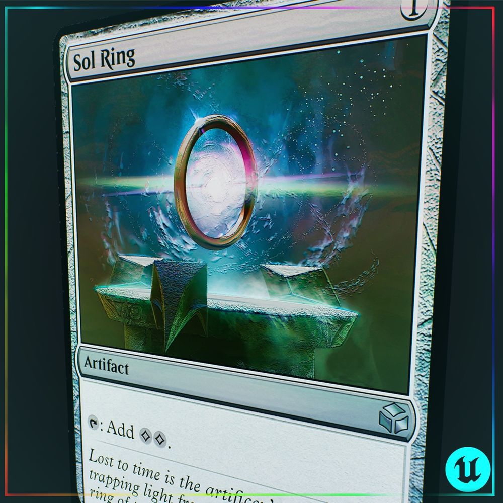 The thumbnail for the posts, depicting a Magic the Gathering Card called Sol Ring with a foil shader applied.