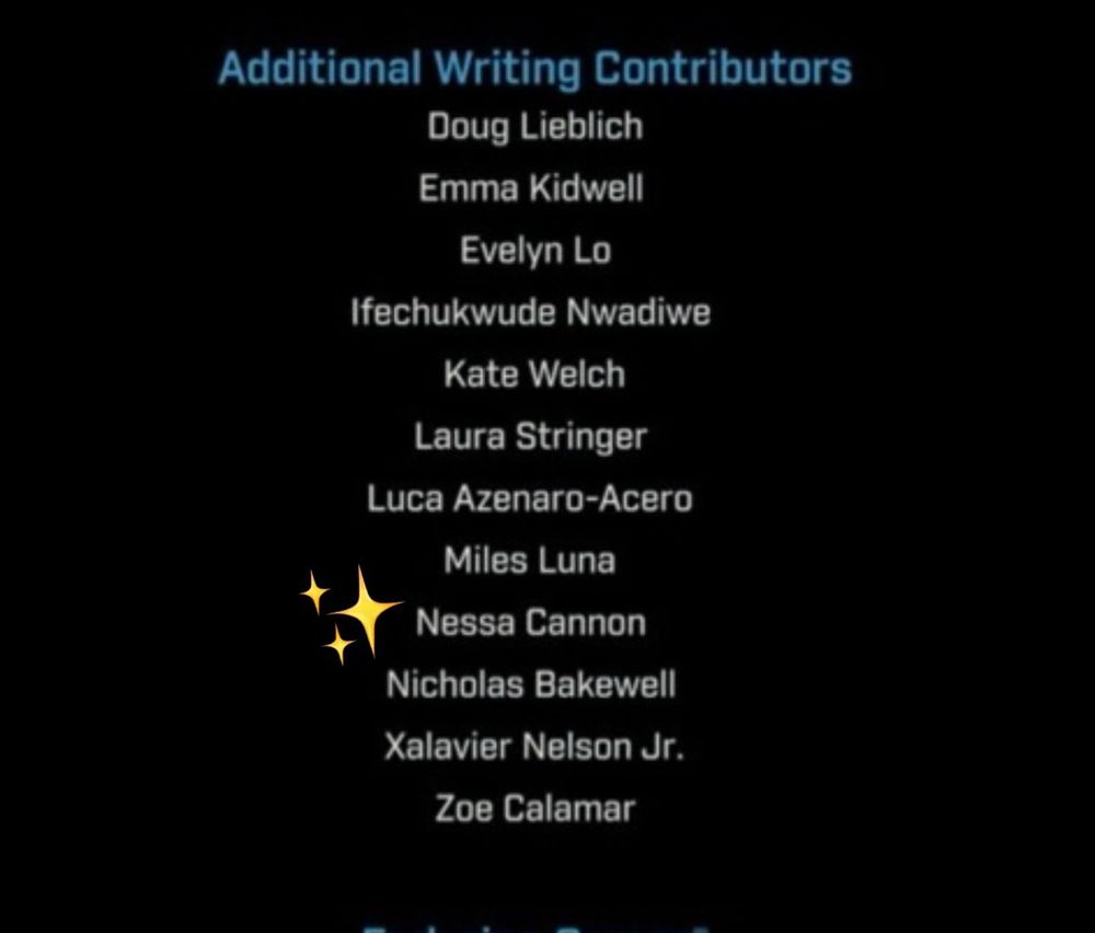 An “additional writing contributors” screenshot for Borderlands 4 listing:
Doug Lieblich
Emma Kidwell
Evelyn Lo
Ifechukwude Nwadiwe
Kate Welch
Laura Stringer
Luca Azenaro-Acero
Miles Luna
Nessa Cannon
Nicholas Bakewell
Xalavier Nelson Jr.
Zoe Calamar