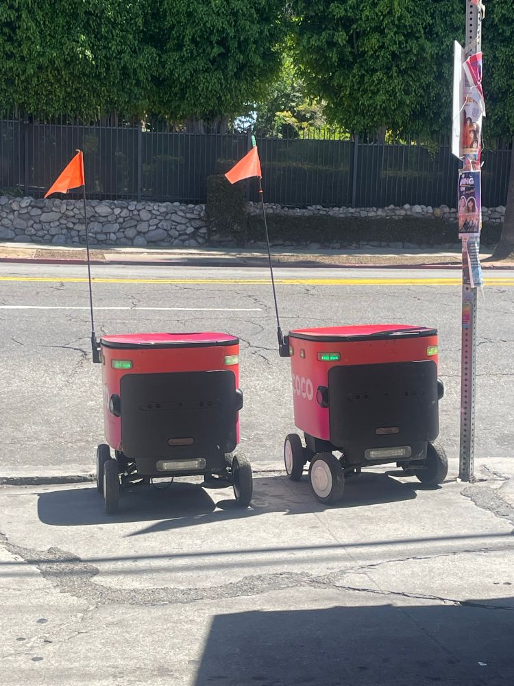 Two food deliberately robots facing in my direction.