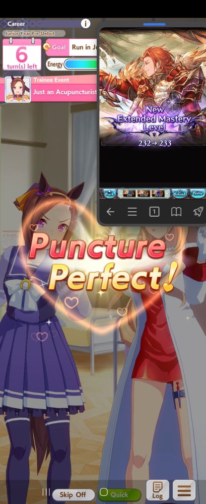 screenshot of an umamusume career with a granblue fantasy window opened ontop of it