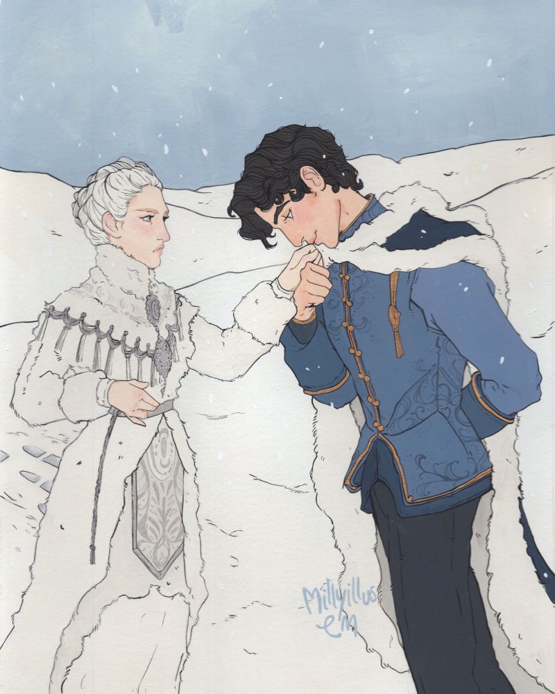 illustration of caine and ila from nightstrider; caine is kissing ila's hand