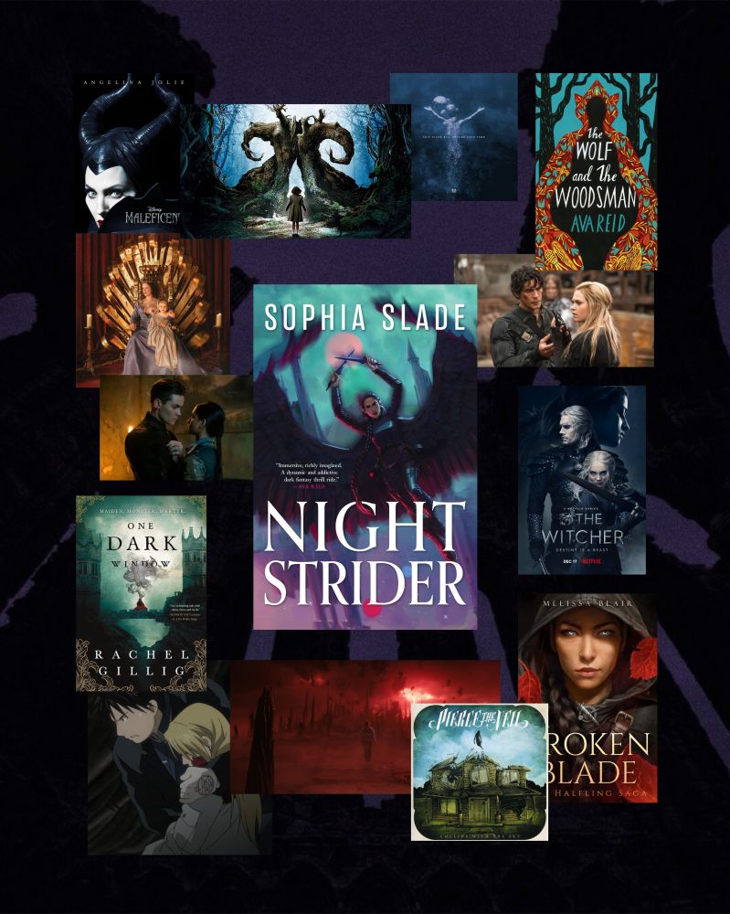 graphic with the cover of nightstrider by sophia slade at the center on a moody purple background; surrounding it are pieces of media that are similar to it such as pan's labyrinth, sleep token, the 100, one dark window, and stranger things