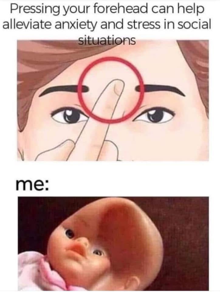 Diagram technique for relieving stress by placing fingertip between your eyebrows second photo is old rubber doll with a dented in head. I’m OK lol