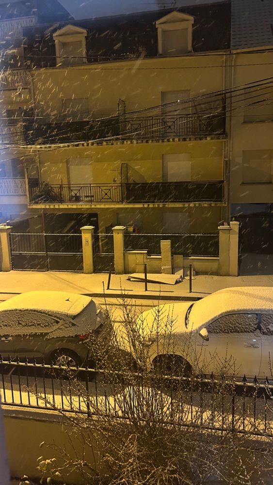 Une rue de nuit, éclairée. Manteau neigeux au sol et sur deux voitures. La neige paraît jaune à cause de l’éclairage public. Des flocons tombent. 