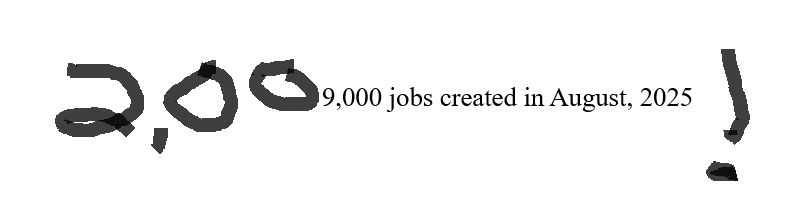 Typed text reading "9,000 jobs created in August, 2005" altered with a Sharpie to read "2,009,000 jobs created in August, 2005!"