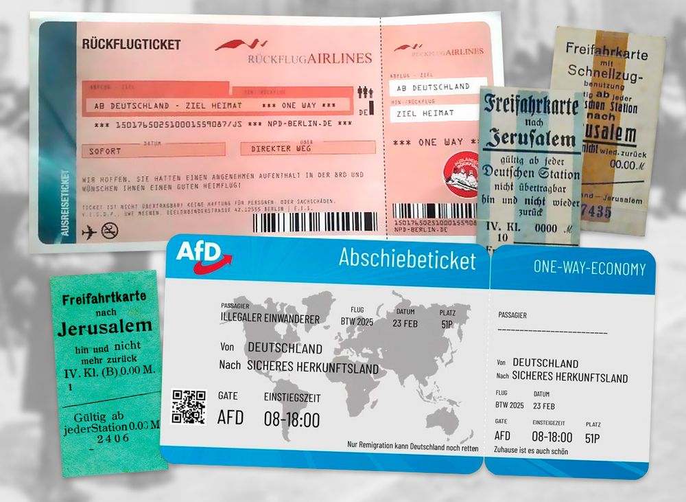 "Freifahrkarte" (1930er-Jahre, NS), "Rückfluticket" (2013, NPD), "Abschiebeticket" (2025, AfD)