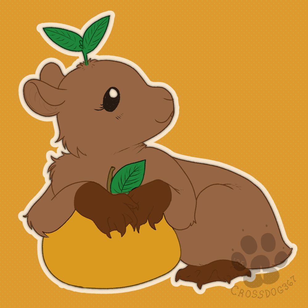 A capybara with a leaf growing from its head cuddling a giant yuzu orange. 