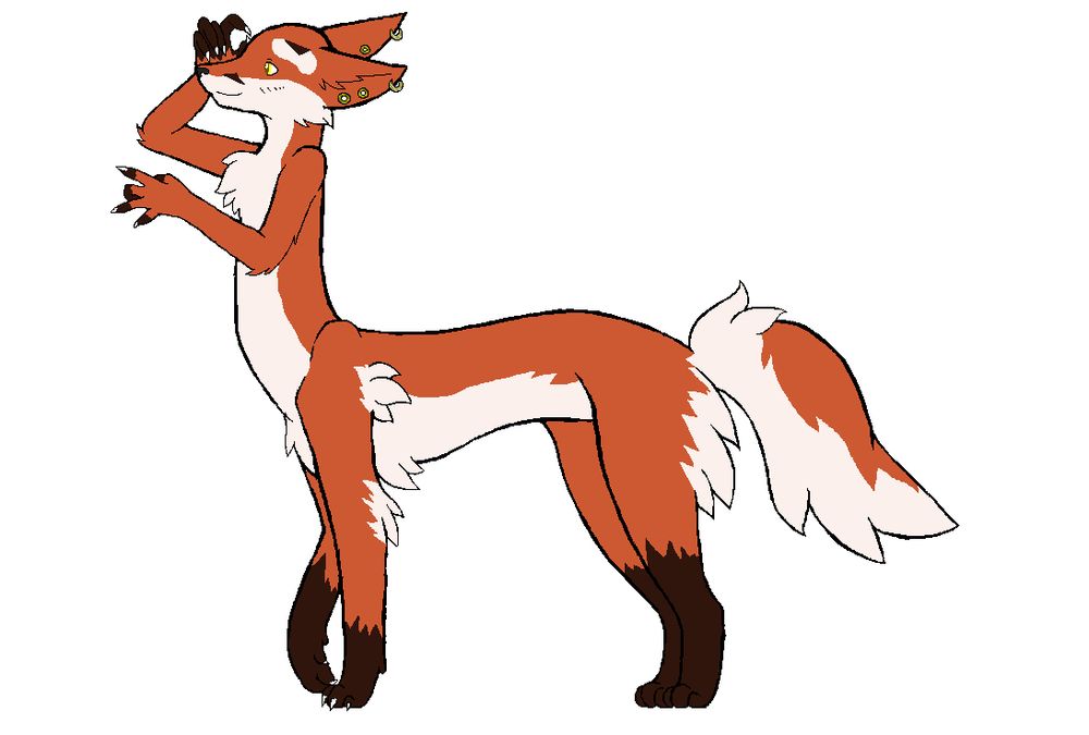 A foxlike taur with a big puffy tail wearing brass earrings. She's smiling and blushing and doing something weird with her hands. Her back claws are filed down. 