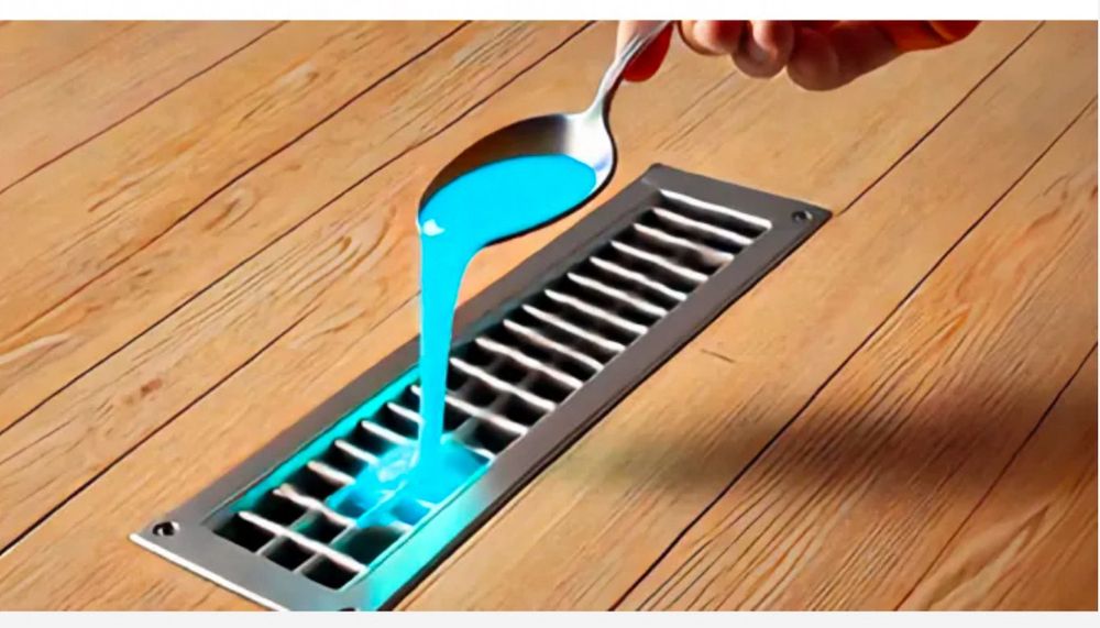 A hand holding a table spoon above a gray metal floor vent in an unfinished light hardwood floor. A light electric blue goo or goop is being poured gently into the vent.