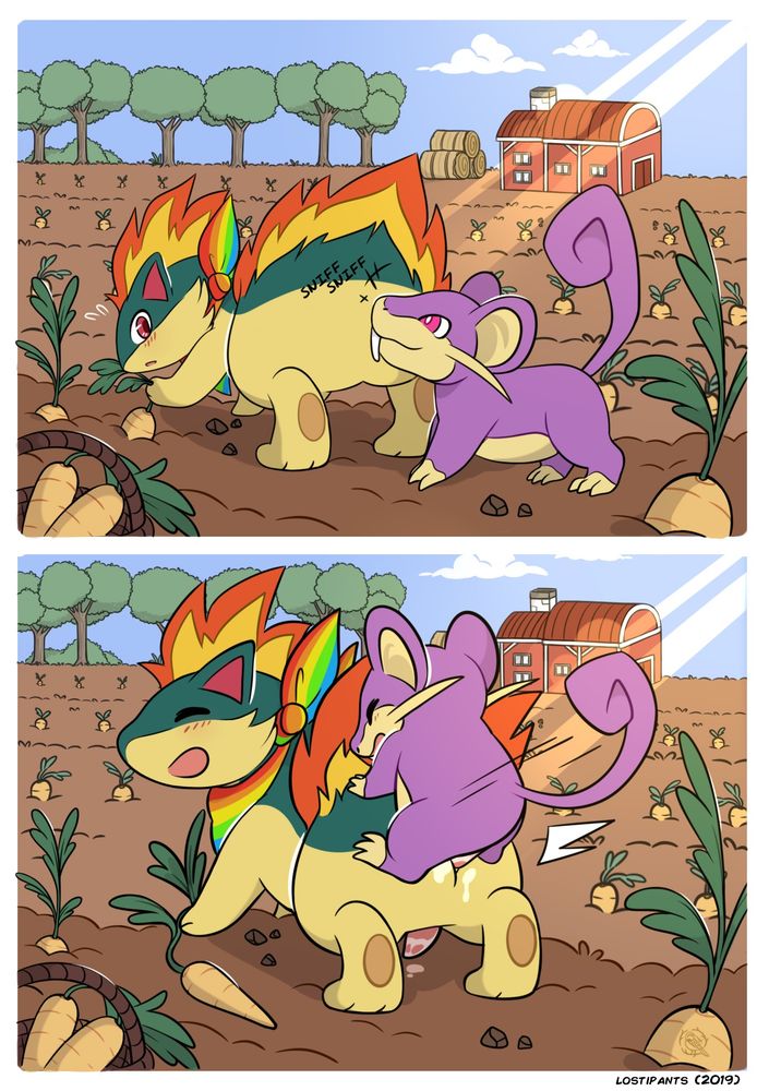 A Rattata sniffs a Quilava OC butt, surprising him. The Rattata then fucks the Quilava.