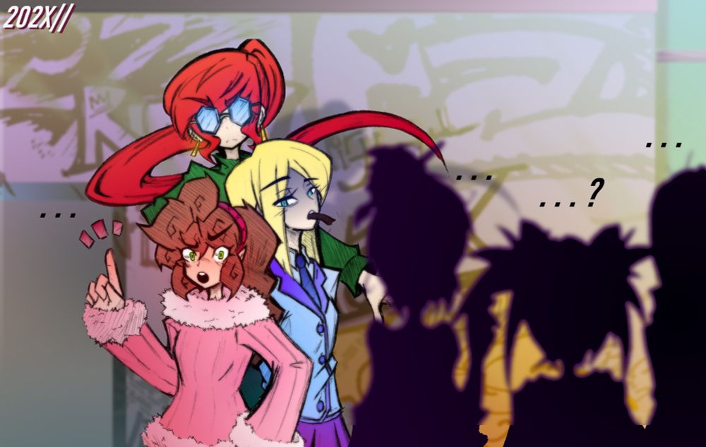 OC's featured - Karen(pink, fluffy), Christie(blue, tired), Alayna McKenzie(redhead/glasses),((Lily, Juney and Rei in the foreground))
No dialogue, just awkward silence.