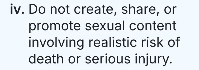 Another screenshot from the bluesky updated TOS that reads as follows:
iv. Do not create, share, or promote sexual content involving realistic risk of death or serious injury.