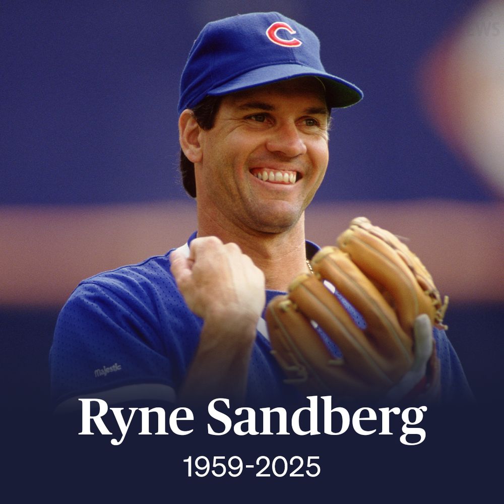 An image of Ryne Sandberg in a Cubs uniform, with a blue ballcap that has a red C on it. Below the image is his name, followed by the years "1959-2025."