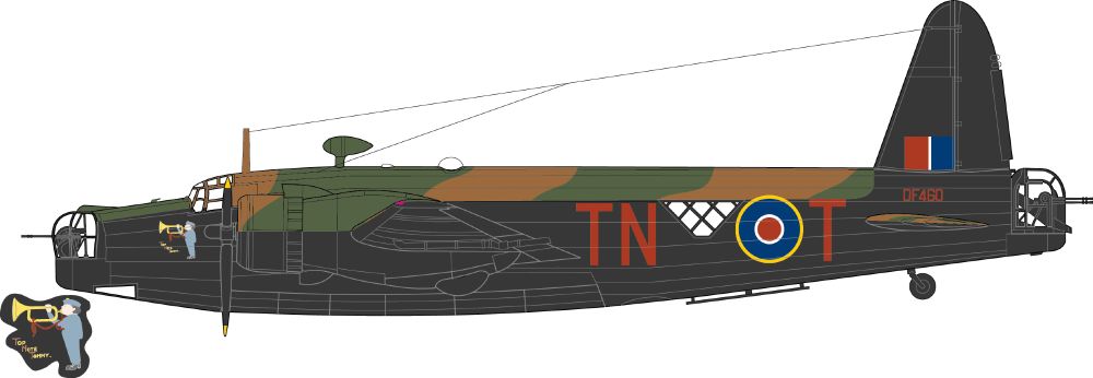 Profile artwork of the port side of a Vickers Wellington III, of 30 OTU at RAF Hixon. It is shown in Dark Earth and Dark Green on the upper surfaces, and black underneath. It carries the squadron codes TN, with the aircraft letter T aft of the roundel. These are in dark red, as is the serial number DF460. On the nose, is artwork of a bugler playing, and the name Top Note Tommy. Artwork is in flat colours. © Mark Smith. 2025.