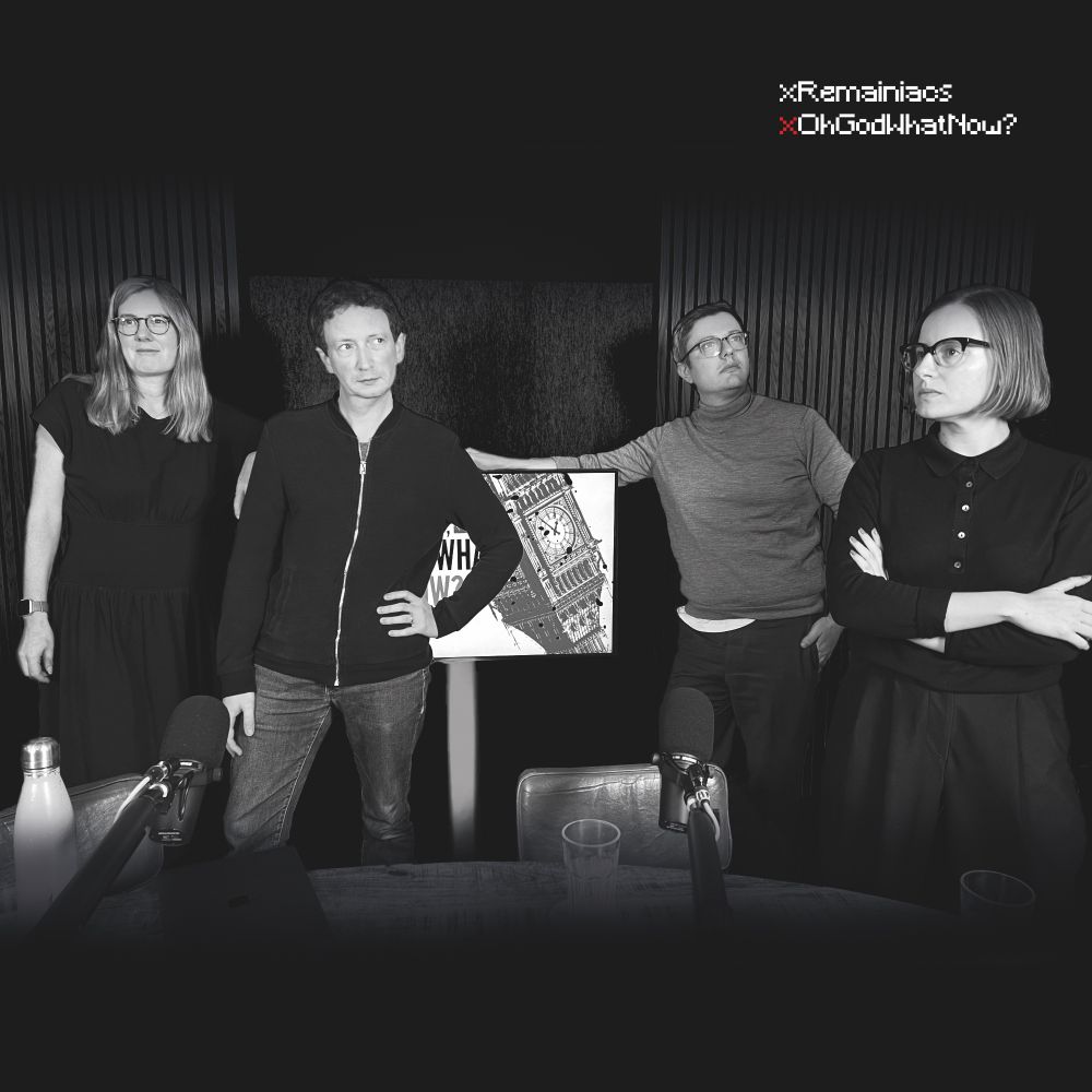 The photo of the cast of the recent Oh God What Now? podcast, turned into mostly monochrome. The text top right reads xRemainiacs xOhGodWhatNow, in a similar font to the xPropaganda cd 'The Heart Is Strange'.