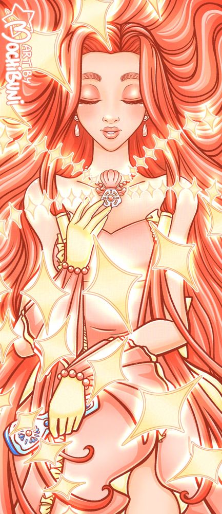Sara from Mermaid Melody touching her necklace as stars swirl out of it around her.