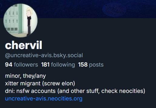 Cropped screenshot of my Bluesky profile. The display name (just above the username) is incorrectly listed as "chervil", in all lowercase.