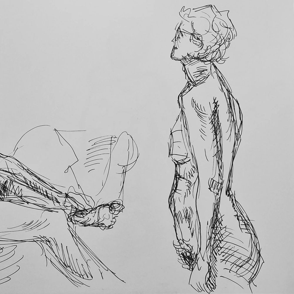 Nude drawn from life of a trans man standing in profile