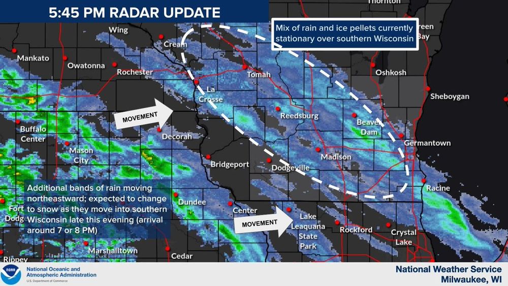 Regional radar showing a band of mixed precipitation over southern Wisconsin and additional bands of rain over Iowa that are approaching Wisconsin. They will arrive around 7 or 8 PM. 