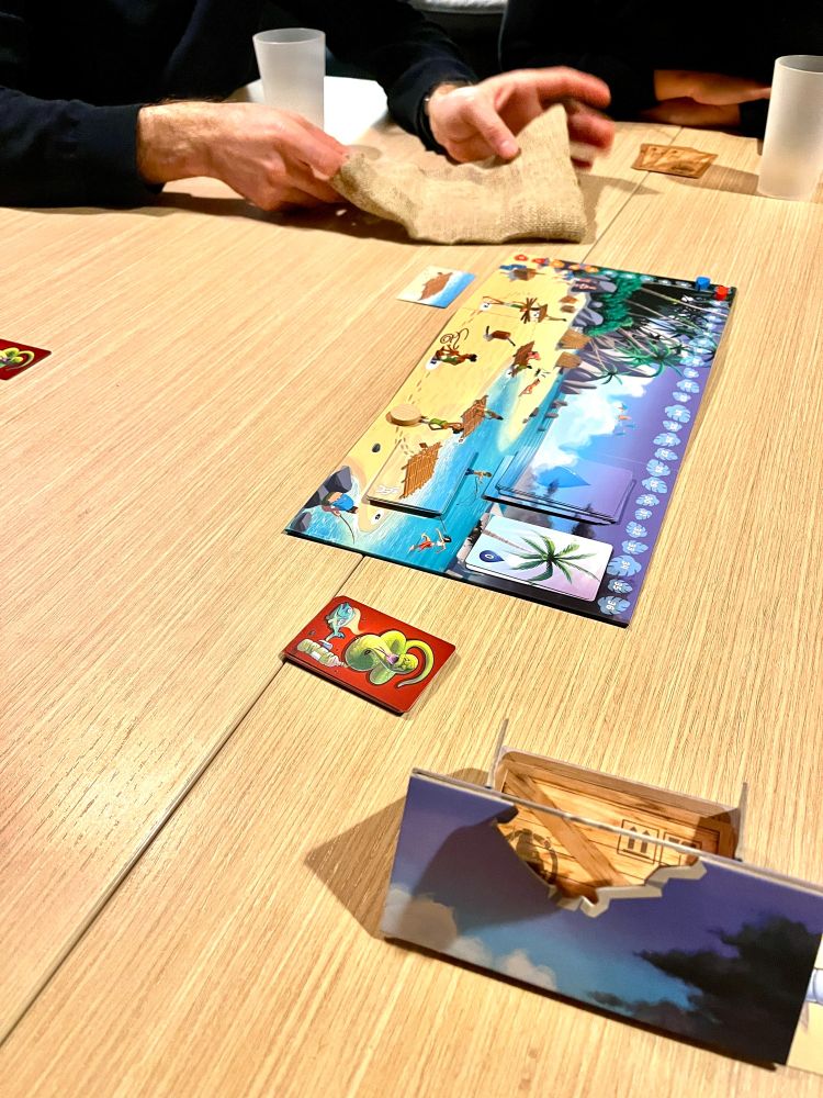 Photo d'une able avec le matériel du jeu Galérapagos. Une personne au dernier plan manipule le sac en toile du jeu