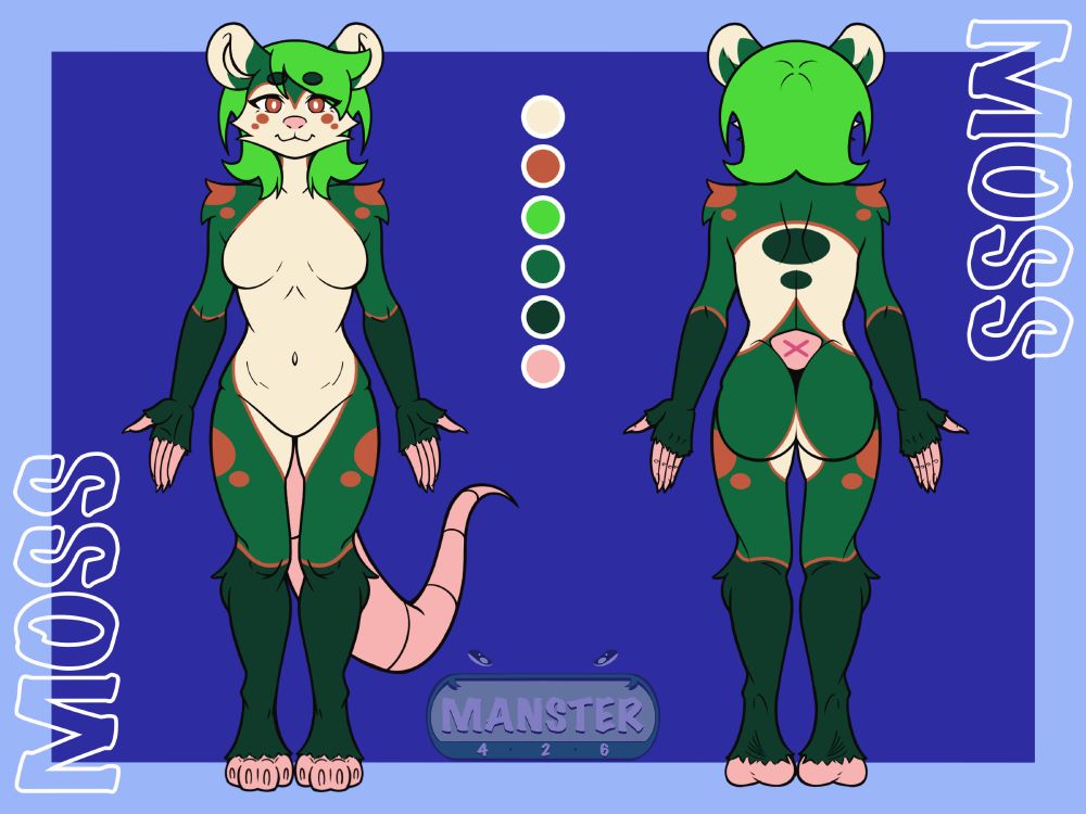 A front and back reference sheet of a green, anthropomorphic Opossum named Moss