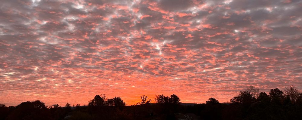 Pink/orange sunrise with gray clouds above the colors. 