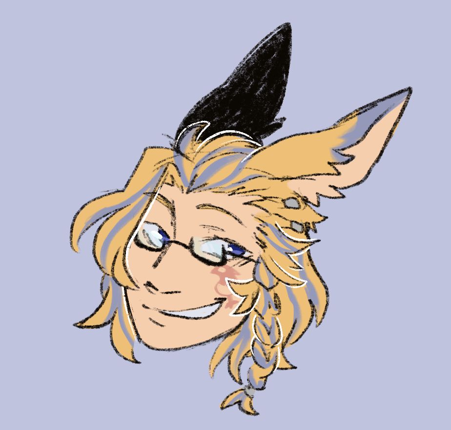 Head shot of Mewtak, blonde viera with blue highlights, glasses, blue eyes, and a smile; drawing by @thefiredoggo.bsky.social