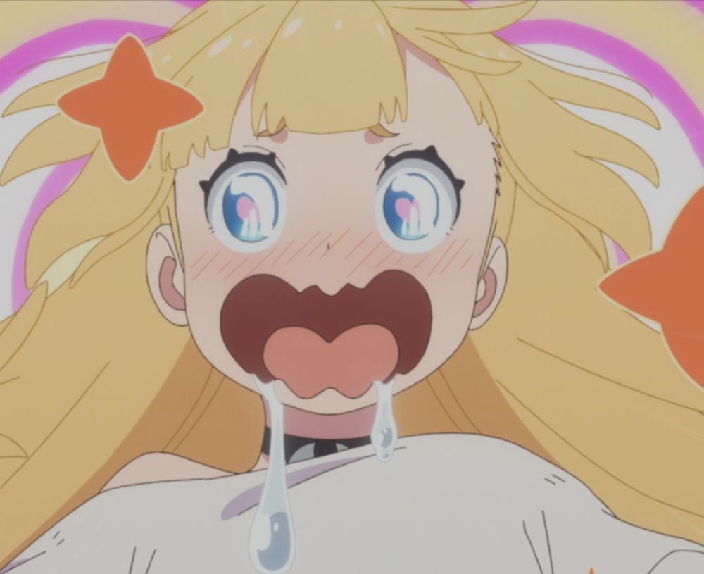 Blonde anime girl, drooling, with heart-shaped eyes, excited.