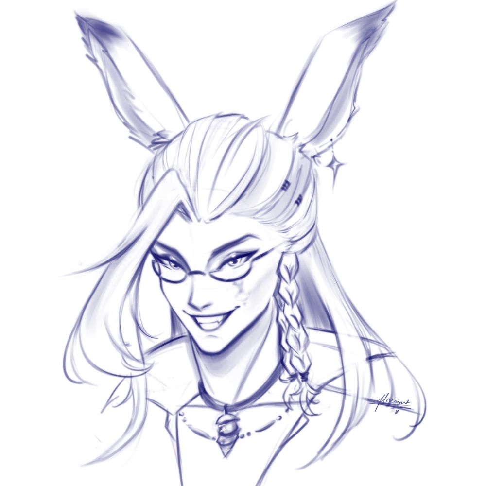 A blue and white sketch of Mew, male viera, wearing glasses and necklace, smiling like a shit head.