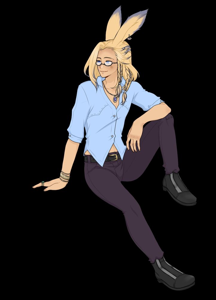 Drawn image of Mewtak by @ohlookitsamii Raised leg, as if sitting on something, looking off to the side.