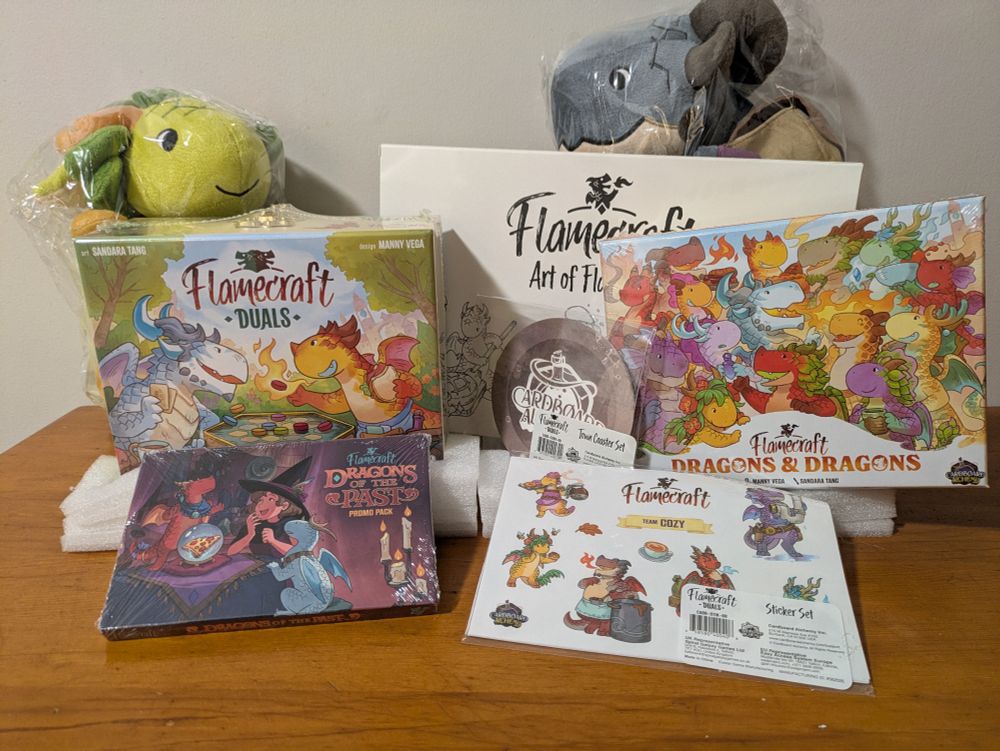 Flamecraft bundle: Boxes, stickers, art book, coasters, and two adorable dragon plushies!