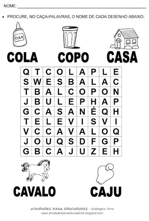 Um caça palavras infantil, usado na alfabetização 