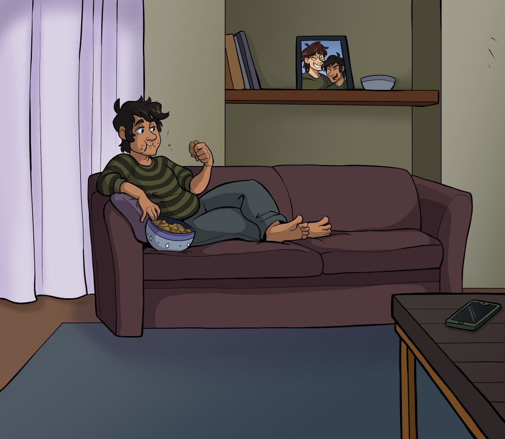 Jerry sprawled himself across the couch, finally enjoying some time to himself after the most hectic week he’d had in a long time. It was nice to finally take some time to do nothing in his empty apartment—leaving his phone on the nearby table and just munching  on snacks, savoring each bite as he mindlessly fished for the next nicest chip in the big  round bowl he had filled up. This was nice—meditative, almost. In a passing thought, he  wondered if this was what it felt like for a pet to be left home alone, just existing in a  comfortable space.

- Story written by @roscotf.bsky.social
