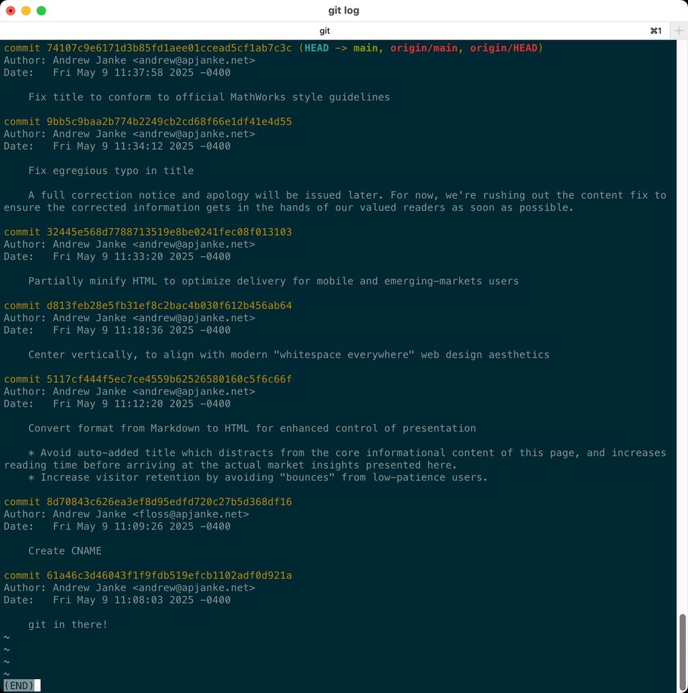 Screencap of a "git log" history displaying a series of commit messages about trivial web content changes, written in a puffed-up "product manager" style to produce a sardonically humorous effect.
