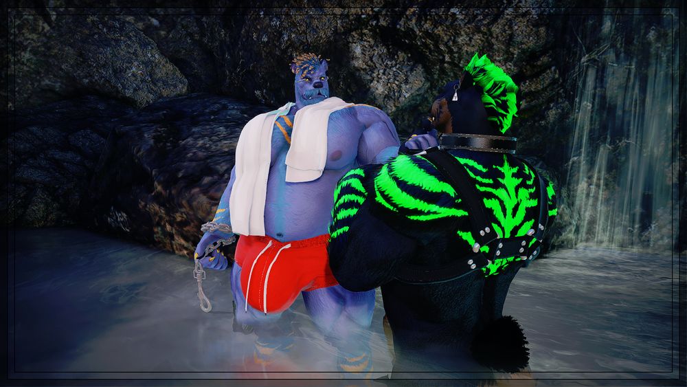 Mr. Blue, the large musclegutted beargar, stands in a hotspring with a towel draped over his shoulders and wearing tiny trunks that do little to hide his large bulge in them. In one hand, he idly plays with the clip of a leash, and in the other he cups the chin of a rottiegar Blake. With a claw, he pulls down the lower lip of the enthralled rottie who rests on his knees, hands up to his chest as he has looks on at Mr. Blue with a pleading look in his eyes and his erection breaking through the gentle waves of the hotspring. Blake wears nothing but a harness, a collar reading "Cum slut" and a set of silver triforce earrings.